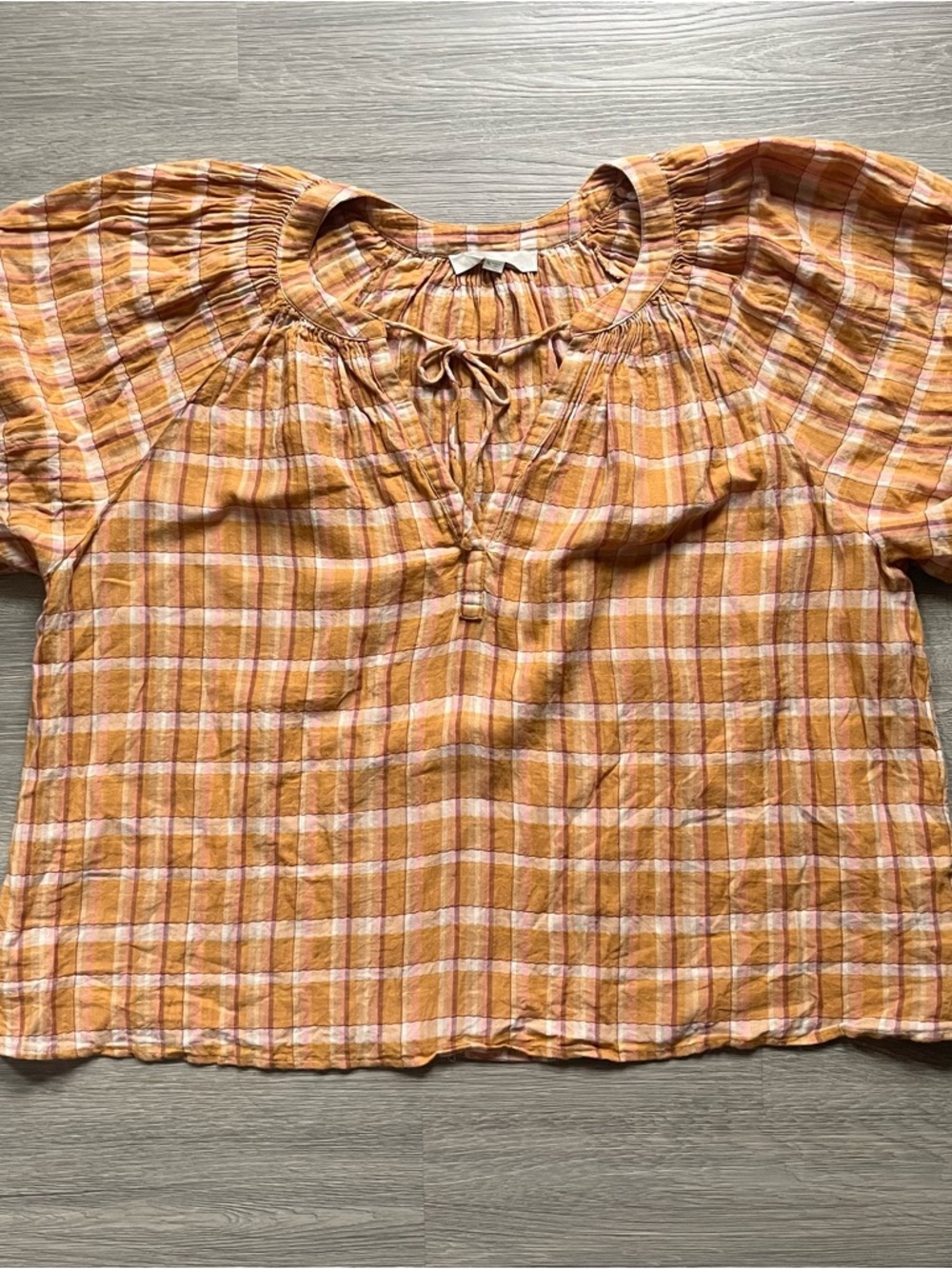 LOFT Orange Cottage Core Plaid Tie-Neck Peasant Blouse